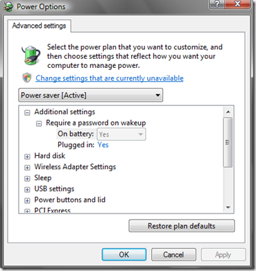 Windows Vista Power Options