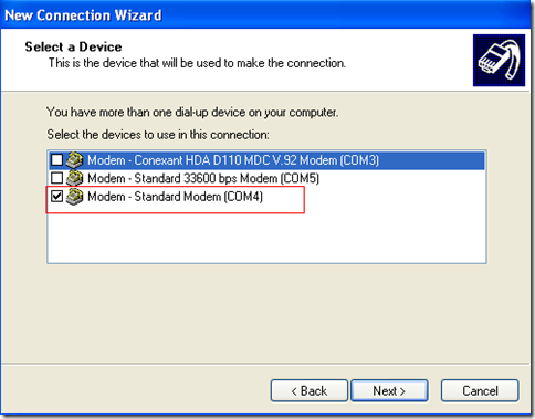 Windows XP modem