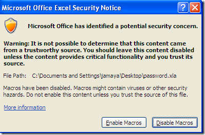 Microsoft Office Excel Secuirty Notice