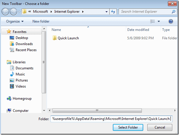 quick launch bar windows 7