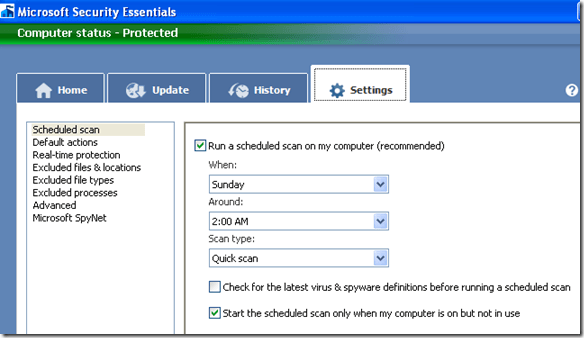 microsoft security essentials settings
