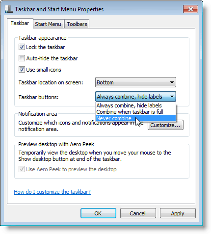 Taskbar and Start Menu Properties dialog box