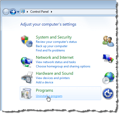Uninstall a program link in Control Panel