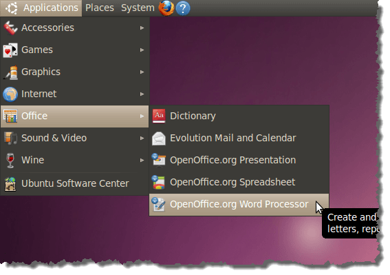 OpenOffice.org programs on the Applications menu