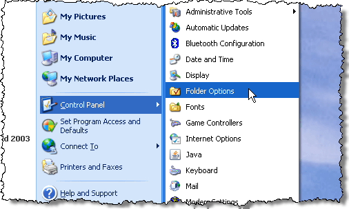 Selecting Folder Options using the Start menu