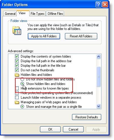 Show hidden files and folders option