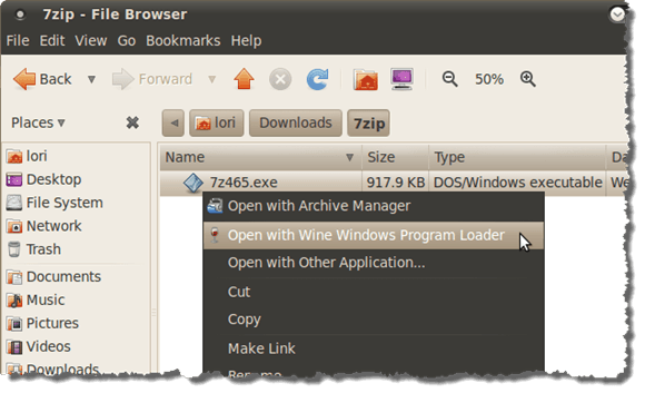 Opening the 7-Zip executable with the Wine Windows Program Loader