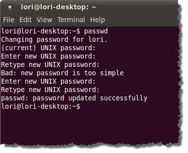 Changing the password in the Terminal window