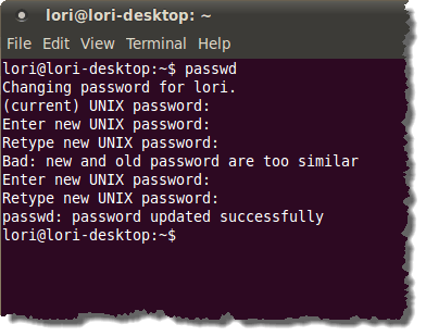 Old and new passwords are too similar in the Terminal window