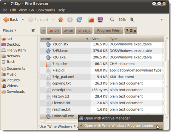 Uninstalling 7-Zip using the executable uninstall file