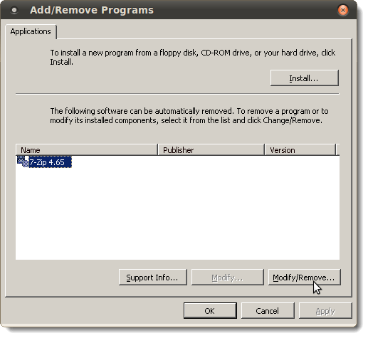 Uninstalling 7-Zip on the Add/Remove Programs dialog box