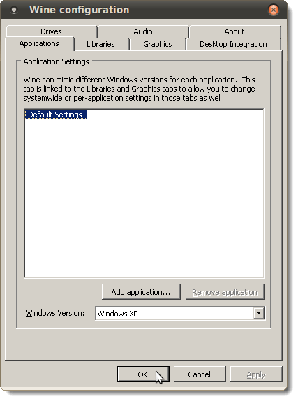 Wine configuration dialog box