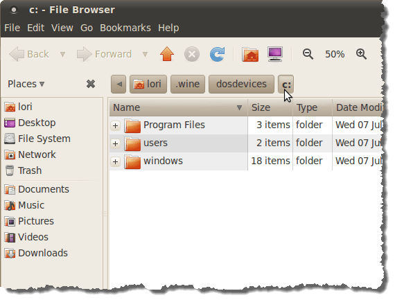 Browsing the C: drive in the File Browser
