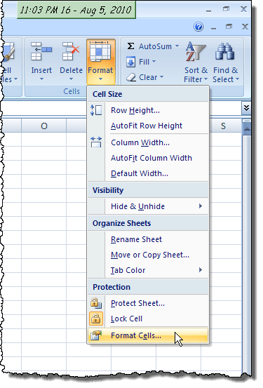 Selecting Format Cells from the Format menu