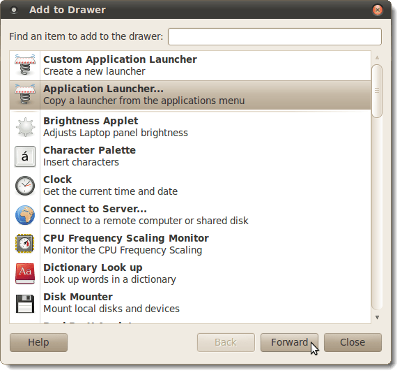 Add to Drawer dialog box - Adding an Application Launcher