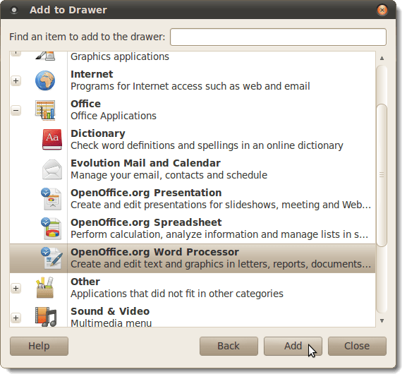 Adding OpenOffice Writer to drawer