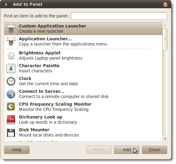 Selecting Custom Application Launcher on the Add to Panel dialog box