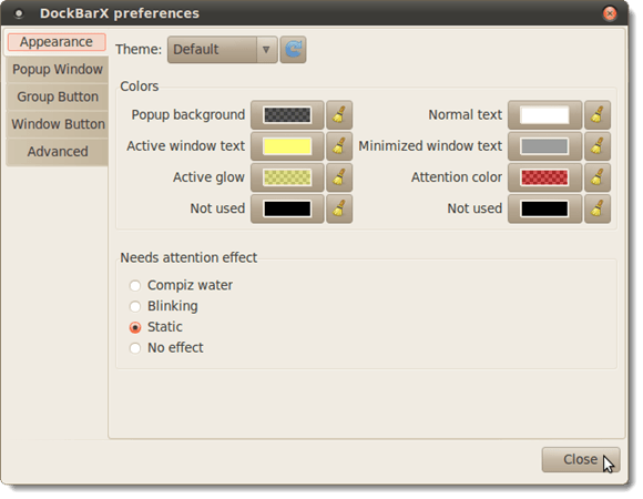 DockBarX preferences dialog box - Appearance tab