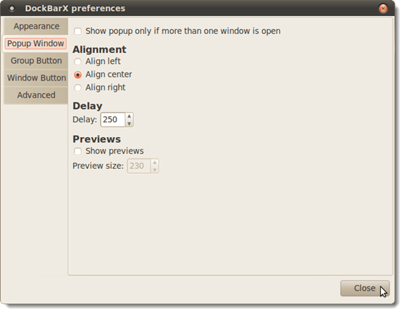 DockBarX preferences dialog box - Popup Window tab