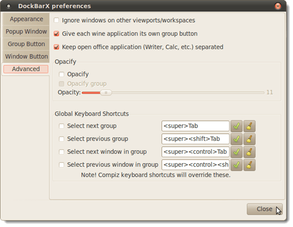 DockBarX preferences dialog box - Advanced tab
