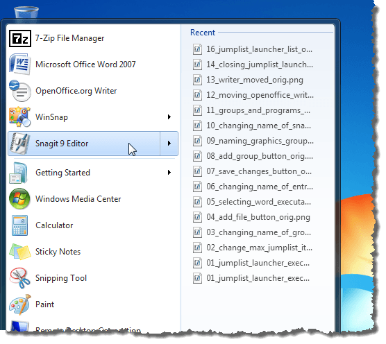 Sample jump list on the Start menu
