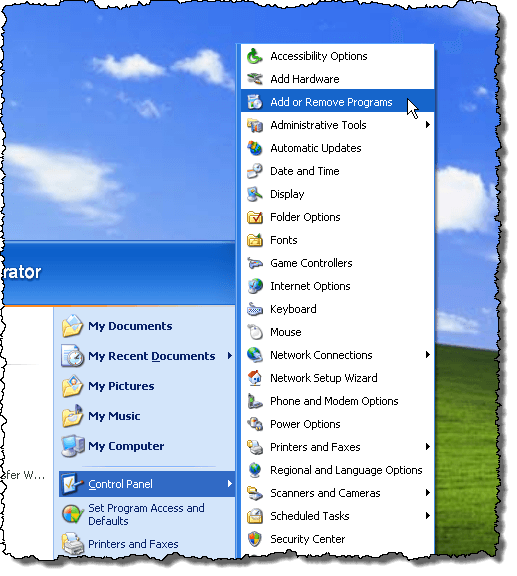 Add or Remove Programs option on the Control Panel menu