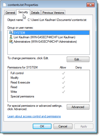 Properties dialog box with the Security tab in Windows 7