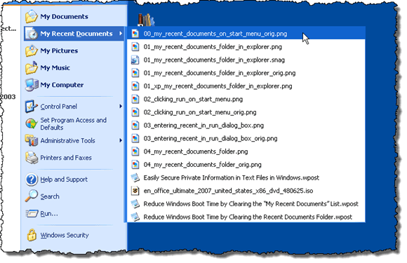 My Recent Documents on the Start menu in XP