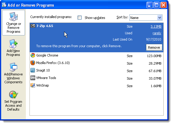 Add or Remove Programs dialog with 7-Zip