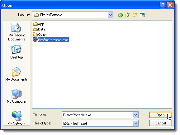 Selecting the Firefox Portable executable file
