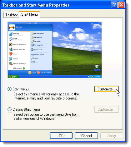 Clicking the Customize button on the Start Menu tab in XP