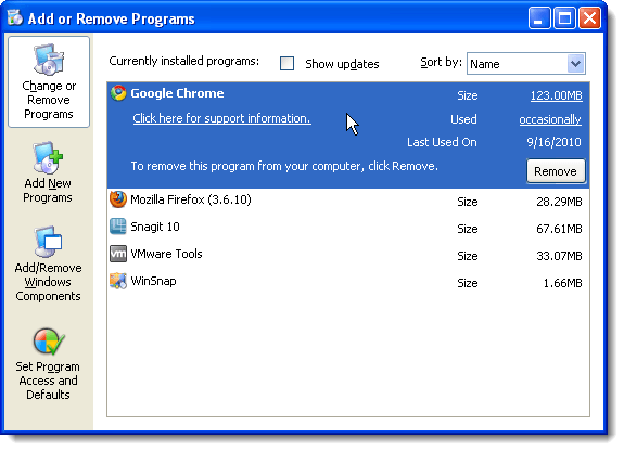 Add or Remove Programs tool without 7-Zip