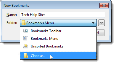 Choosing folder for bookmarks