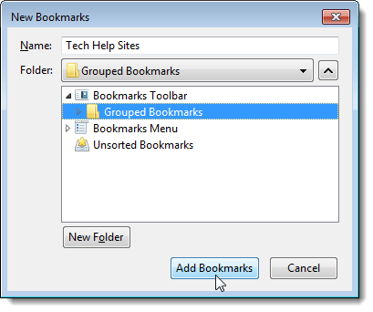 Adding bookmarks to the Bookmarks Toolbar