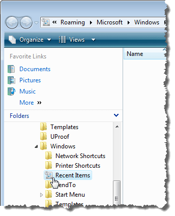 Empty Recent Items directory in Windows Explorer in Vista