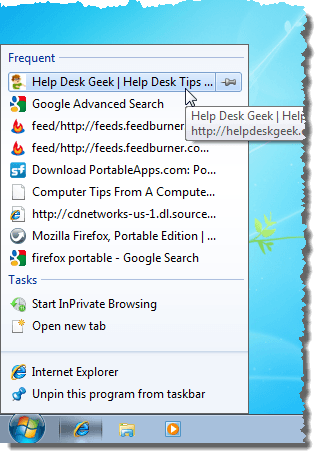 Frequent Items for a program on the Taskbar in Windows 7