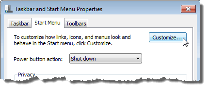 Clicking the Customize button on the Start Menu tab in Windows 7