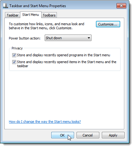 Closing the Taskbar and Start Menu Properties dialog box in Windows 7