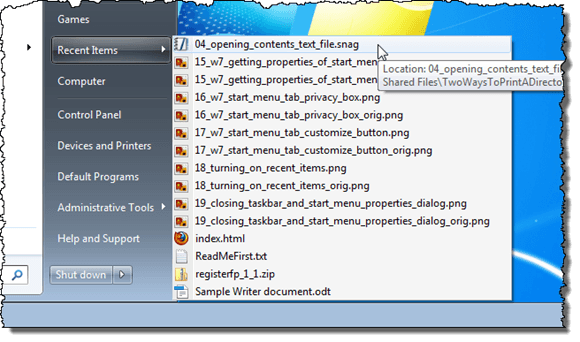 Recent Items list on the Start menu in Windows 7