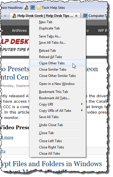 Context menu for a single tab
