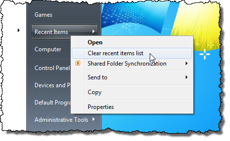 Clearing the Recent Items list on the Start menu in Windows 7