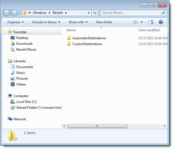 Cleared Recent Items directory in Explorer in Windows 7