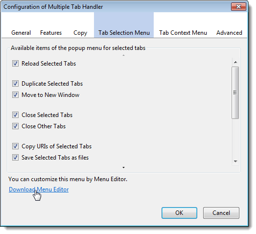 Tab Selection Menu tab on the Configuration dialog box