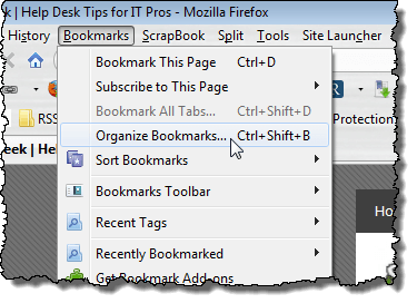 Selecting Organize Bookmarks