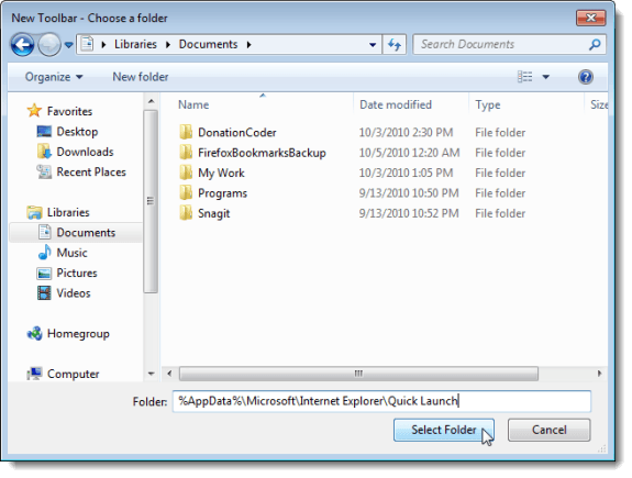Choosing the Quick Launch folder to use as the new toolbar