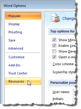 Selecting Resources on the Word Options dialog box