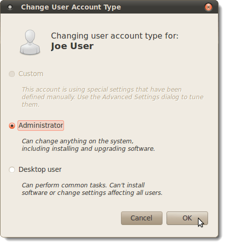 Selecting Administrator as the user account type