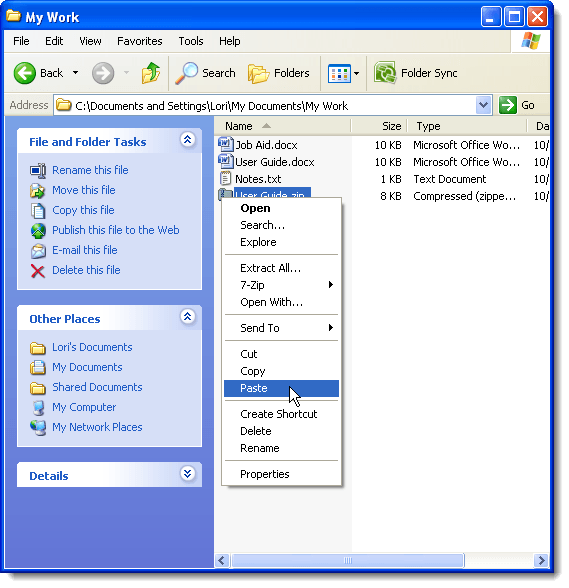 Pasting a file into a compressed folder