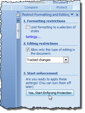 Start Enforcing Protection button in Word 2007