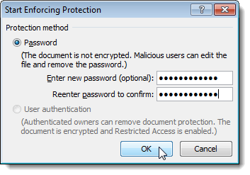 Entering a password to protect document in Word 2007
